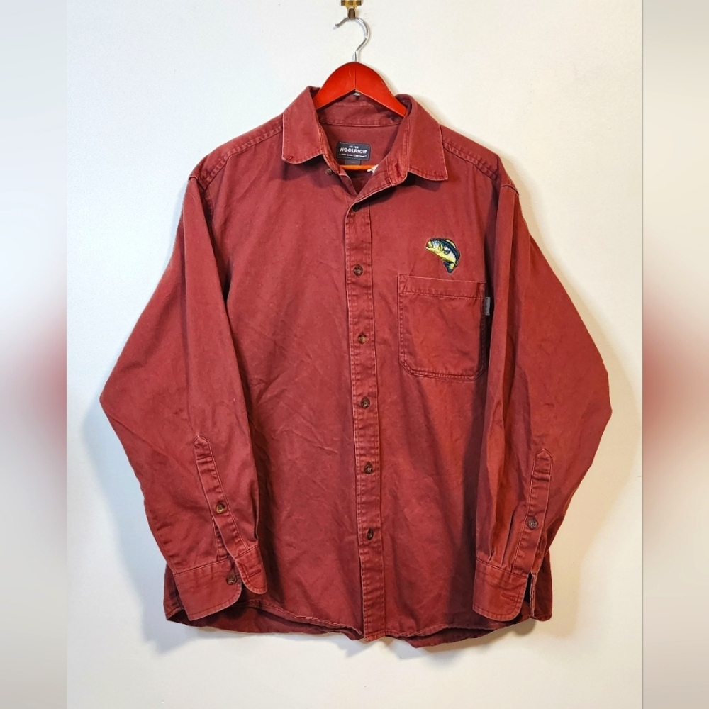 Woolrich Men's Long-Sleeve Button-Down in Deep Red with Fish Patch